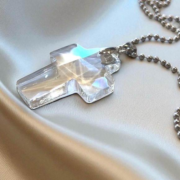 Crystal Clear Geometric Cross Necklace with silver toned Beaded Chain 22” - Picture 1 of 17